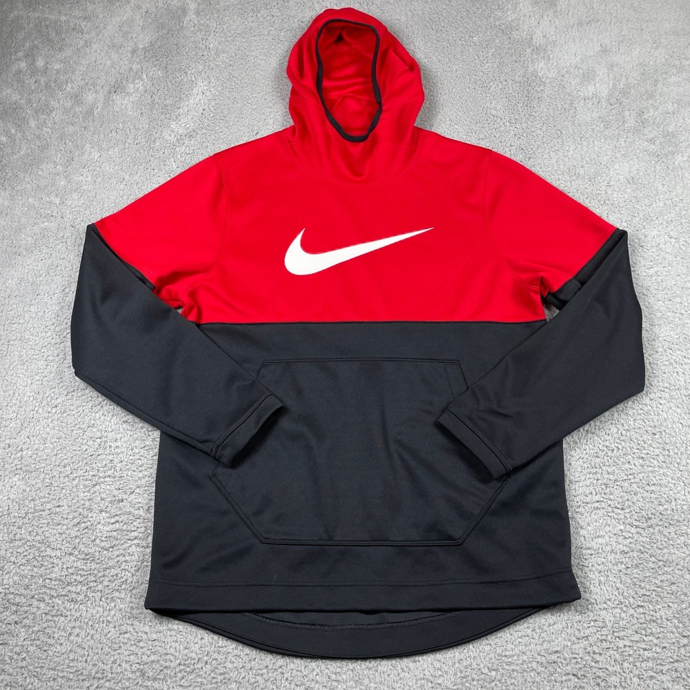 Nike Dri-Fit Spotlight Hoodie Mens Large Red Black Swoosh Basketball Sweatshirt